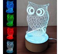 Cветильник Сова 3D Led, 7 цветов подсветки